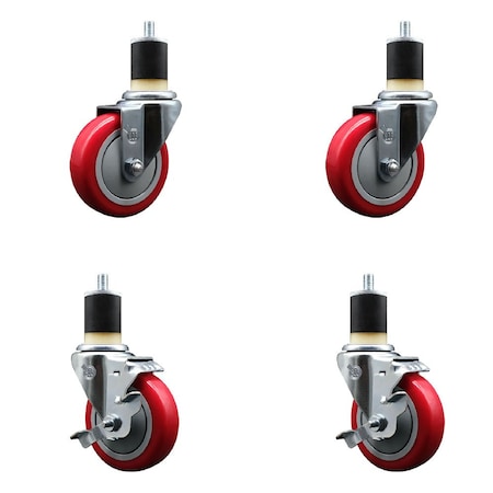 Service Caster 4'' Red Poly Wheel Swivel 1-7/8'' Expanding Stem Caster Set 2 Brakes, 4PK SCC-EX20S414-PPUB-RED-2-TLB-2-178